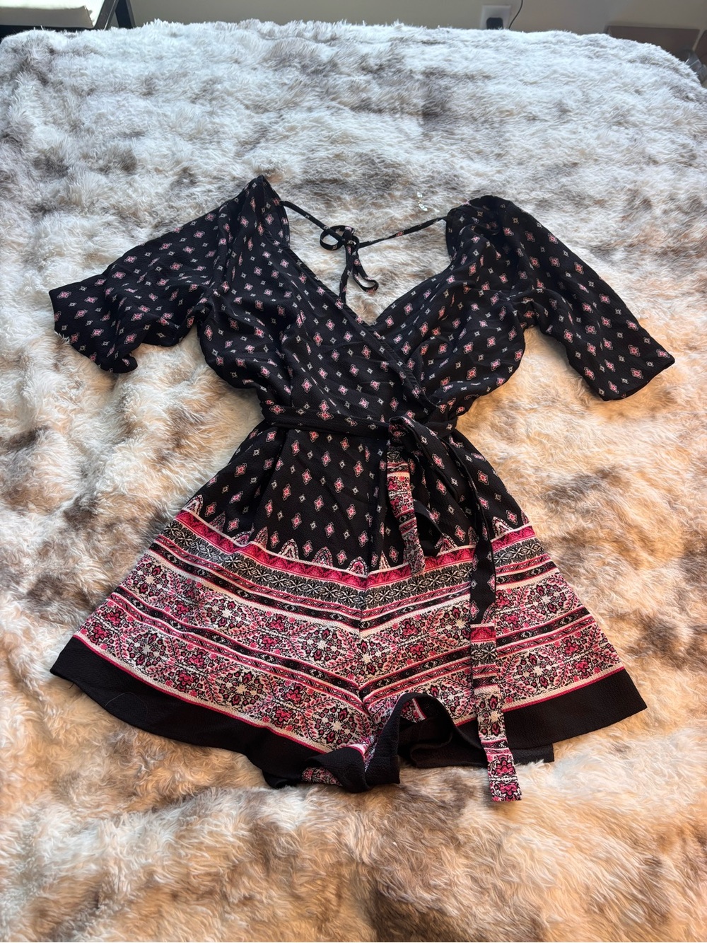 Three pink Hearts Black Romper with Pink Floral Border
